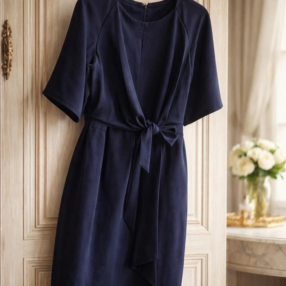 Tahari Plus Size Side-Tie Front -Belted Navy Blue Classy Sexy Dress 16W, - Picture 2 of 16